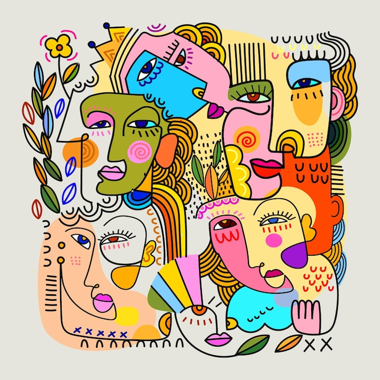 Vettore volti astratti colorati ritratto decorativo disegnato a mano disegno illustrazione vettoriale wall art design