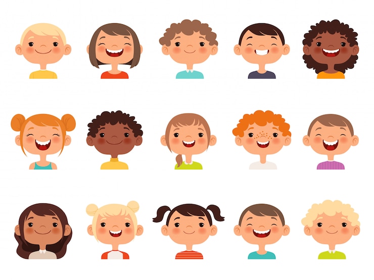 Vettore volti di bambini. l'espressione del bambino affronta la raccolta di avatar di cartoni animati di ragazzini e ragazze