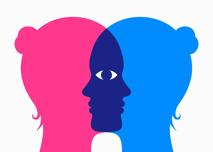 Vettore volti di donna sovrapposti con un occhio condiviso illustrazione vettoriale del concetto di punto di vista