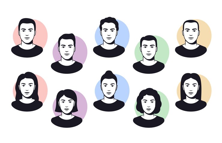 Vettore volti di uomini e donne con diverse acconciature, testa, illustrazioni di avatar