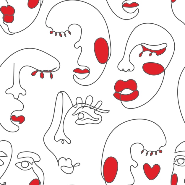 volti femminili stilizzati linea arte modello senza cuciture donne con contorno di prodotti rossetto modello trucco