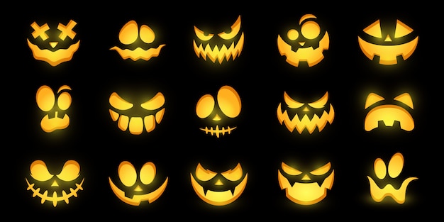 Volti luminosi spaventosi e divertenti di zucca o fantasma di Halloween. collezione.