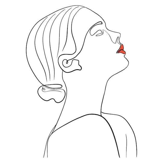 Volto a una linea Volto donna con schizzo lineare Ritratto femminile con contorno di illustrazione disegnata a mano vettoriale con labbra rosse