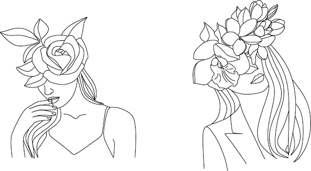 Volto di donna con fiori Line art. Elegante logo di bellezza femminile