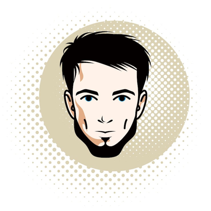 Vettore volto di uomo caucasico che esprime emozioni positive, illustrazione vettoriale della testa umana. attraente maschio barbuto con un taglio di capelli alla moda.