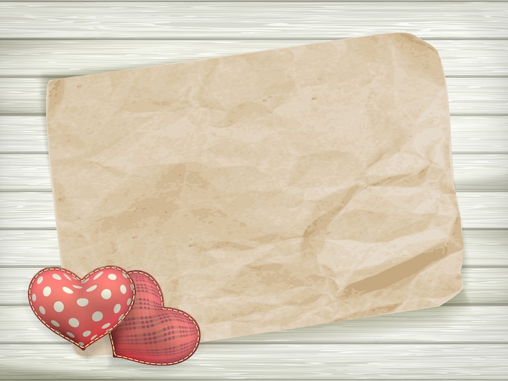 Vettore vuoto vecchio pezzo di carta e vintage fatti a mano il giorno di san valentino cuore giocattolo su sfondo di legno.