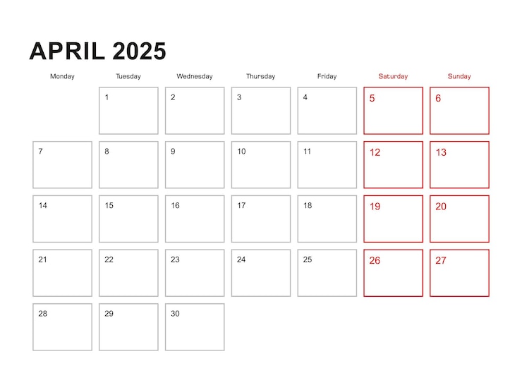 Vettore wall planner per aprile 2025 in lingua inglese settimana inizia lunedì