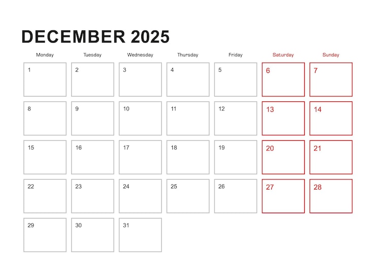 Vettore wall planner per dicembre 2025 in lingua inglese settimana inizia lunedì