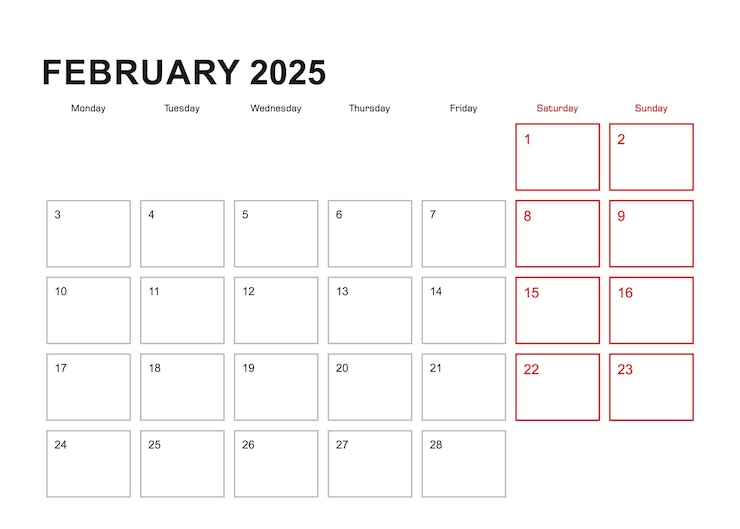 Vettore wall planner per febbraio 2025 in lingua inglese settimana inizia lunedì
