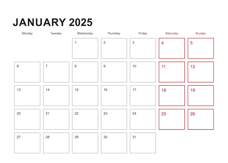 Vettore wall planner per gennaio 2025 in lingua inglese settimana inizia lunedì