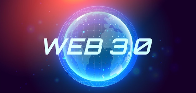 Web 30 testo su ologramma pianeta terra Nuova versione del sito Web che utilizza la tecnologia blockchain criptovaluta e NFT art Banner vettoriale