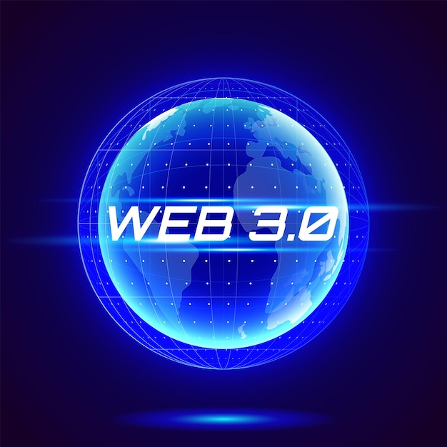 Web 30 testo su ologramma pianeta terra Nuova versione del sito Web che utilizza la tecnologia blockchain criptovaluta e NFT art Banner vettoriale