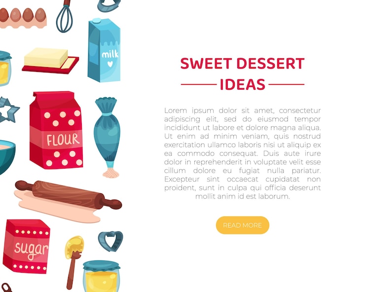 Vettore web banner con ingredienti per la cottura e la cotta di torte con farina e zucchero