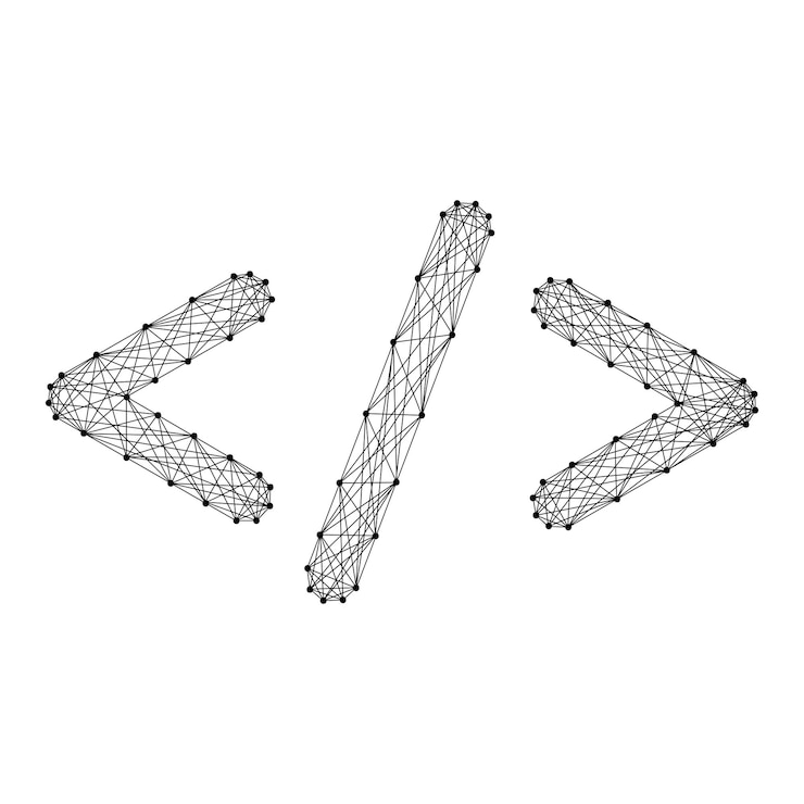 Vettore web codifica sviluppo concetto di parentesi angolari e slash da astratte futuristiche linee nere poligonali e punti basso concetto di poli illustrazione vettoriale