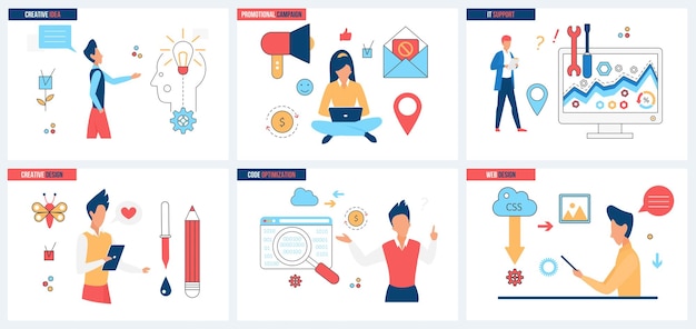 Web design creativo ottimizzazione del codice set di servizio di assistenza clienti e persone minuscole