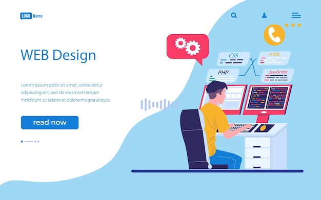 Web design landing page Sviluppatore di software di programmazione Uomo che lavora al computer Backend codificatore java Ingegnere professionista che crea un servizio internet Template di interfaccia del sito web vettoriale