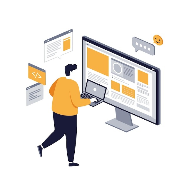 Web developer working on a website project with a computer and multiple screens