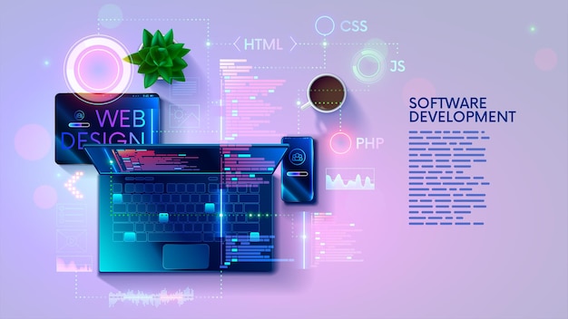 Web development coding and programming responsive layout internet site or app of devices Creation digital Software mobile desktop platforms Computer code on laptop tablet phone Concept banner