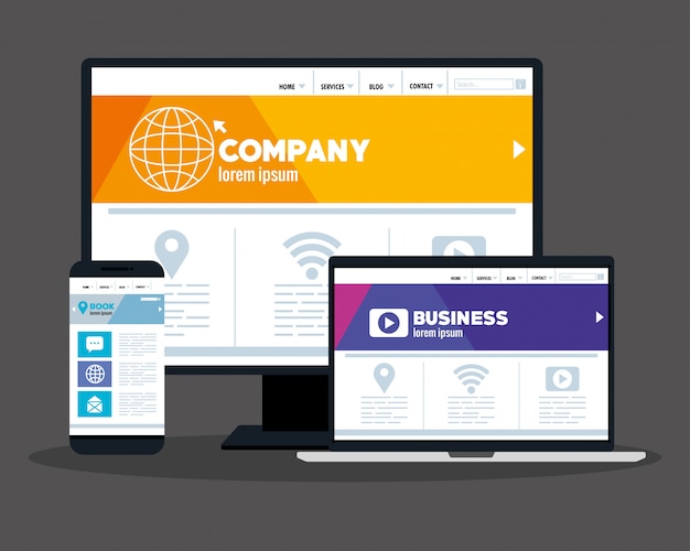 Web reattivo di mockup, sviluppo di siti Web di concetto in computer, laptop e smartphone