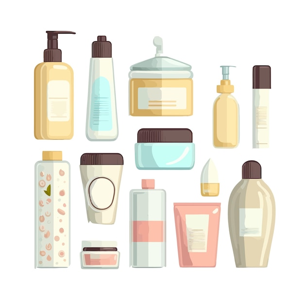 Web Set di prodotti di bellezza cosmetici in vasetti di bottiglie Isolato su sfondo Illustrazione vettoriale piatta del fumetto
