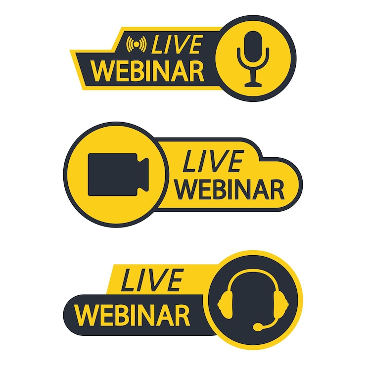 Vettore webinar dal vivo pulsante, icona, emblema, etichetta. icone di base per videoconferenza, webinar, video chat. corso online, formazione a distanza, video conferenza, conferenza di gruppo su internet. icona di trasmissione