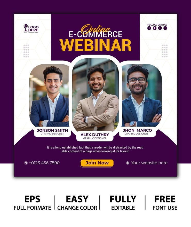 Vettore webinar di e-commerce online banner di social media e modello di post di conferenza aziendale online