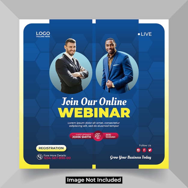 Webinar live di marketing digitale e modello di post sui social media aziendali