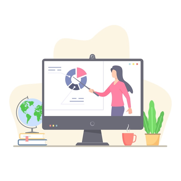 Webinar online di formazione o business elearning con illustrazione vettoriale piatta del computer