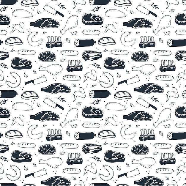 Webpattern di illustrazione di prodotti a base di carne disegnata a mano disegnata in stile doodle