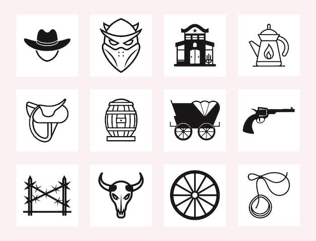Wild West Icon Set Cowboy e simboli occidentali in bianco e nero