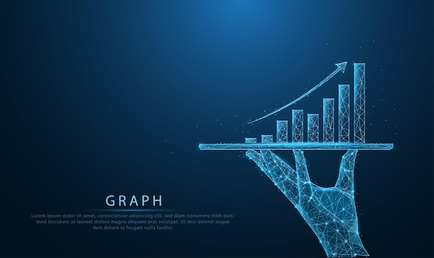 Wireframe basso in poli di Business che tiene tablet e mostra grafici olografici