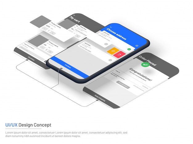 Wireframe del sito Web per l'e-commerce, smartphone isometrico.
