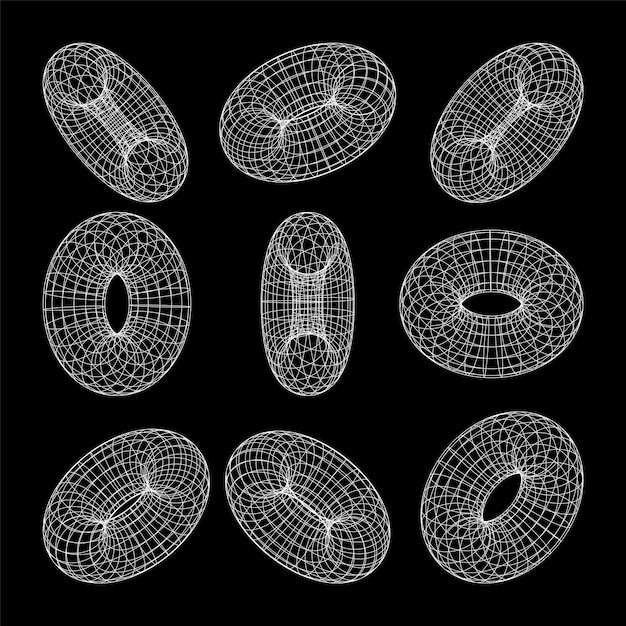 Wireframe forme allineate torus perspective mesh d griglia bassa poli elementi geometrici retro futuristico