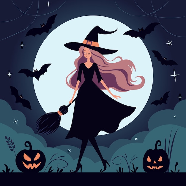 Witch Broom Bats e Pumpkins sotto l'illustrazione vettoriale di Full Moon Halloween