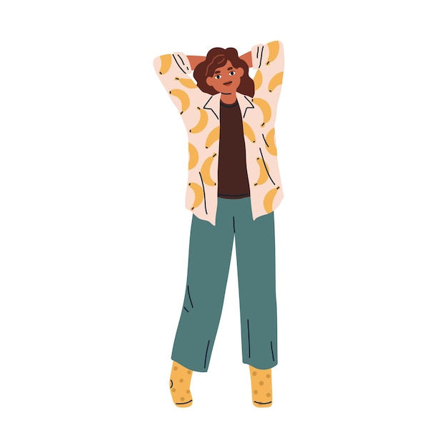 Woman in comfy home clothes Relaxed female wearing modern fashion cozy outfit Person in homewear comfortable apparel shirt pants and socks Flat vector illustration isolated on white background