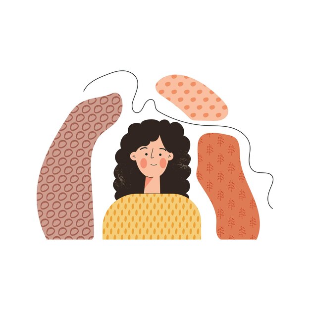 Womens Day moderno minimalista astratto estetico piatto illustrazione vettoriale con personaggio femminile. Forme ed elementi disegnati a mano. Stile Boho, colori vivaci e consistenza, isolati su sfondo bianco