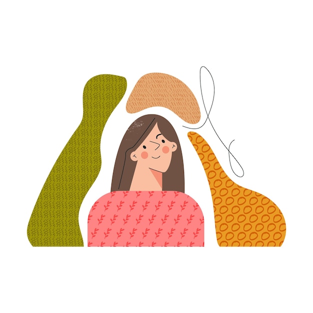 Womens Day moderno minimalista astratto estetico piatto illustrazione vettoriale con personaggio femminile. Forme ed elementi disegnati a mano. Stile Boho, colori vivaci e consistenza, isolati su sfondo bianco