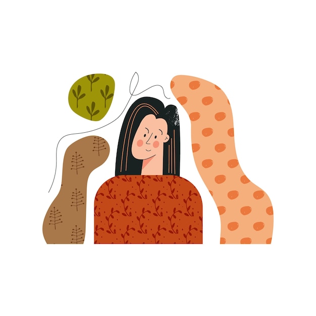 Womens Day moderno minimalista astratto estetico piatto illustrazione vettoriale con personaggio femminile. Forme ed elementi disegnati a mano. Stile Boho, colori vivaci e consistenza, isolati su sfondo bianco
