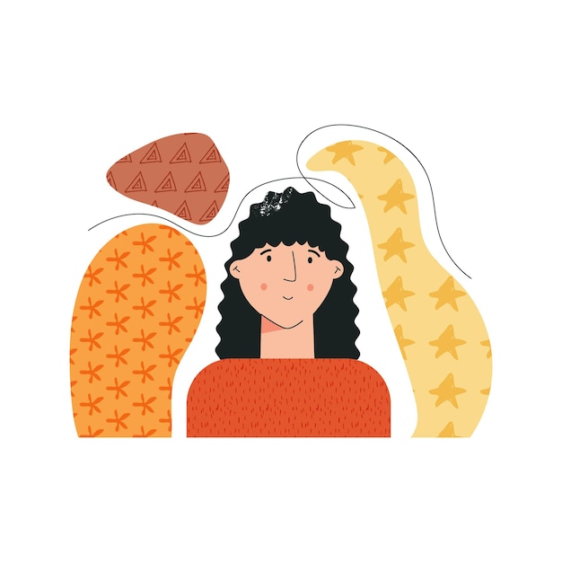 Womens Day moderno minimalista astratto estetico piatto illustrazione vettoriale con personaggio femminile. Forme ed elementi disegnati a mano. Stile Boho, colori vivaci e consistenza, isolati su sfondo bianco