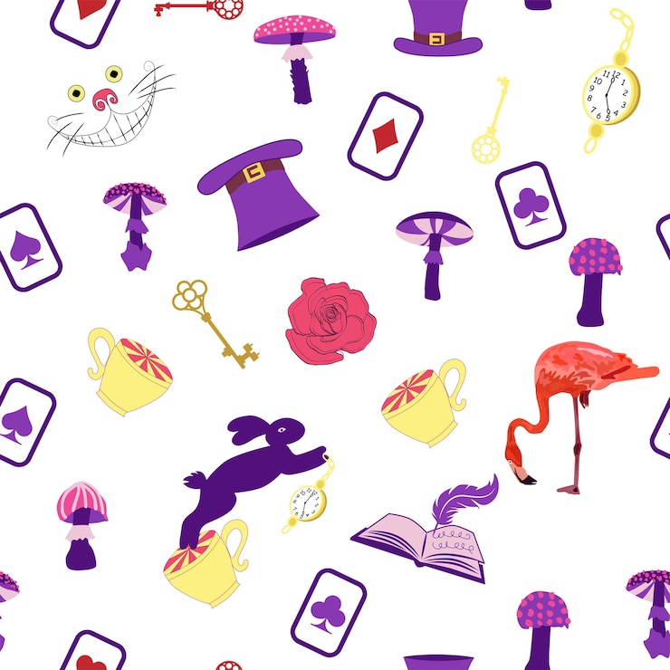 Vettore wonderland elementi modello coniglio cheshire gatto flamingo carte cappello tazza e funghi e orologio