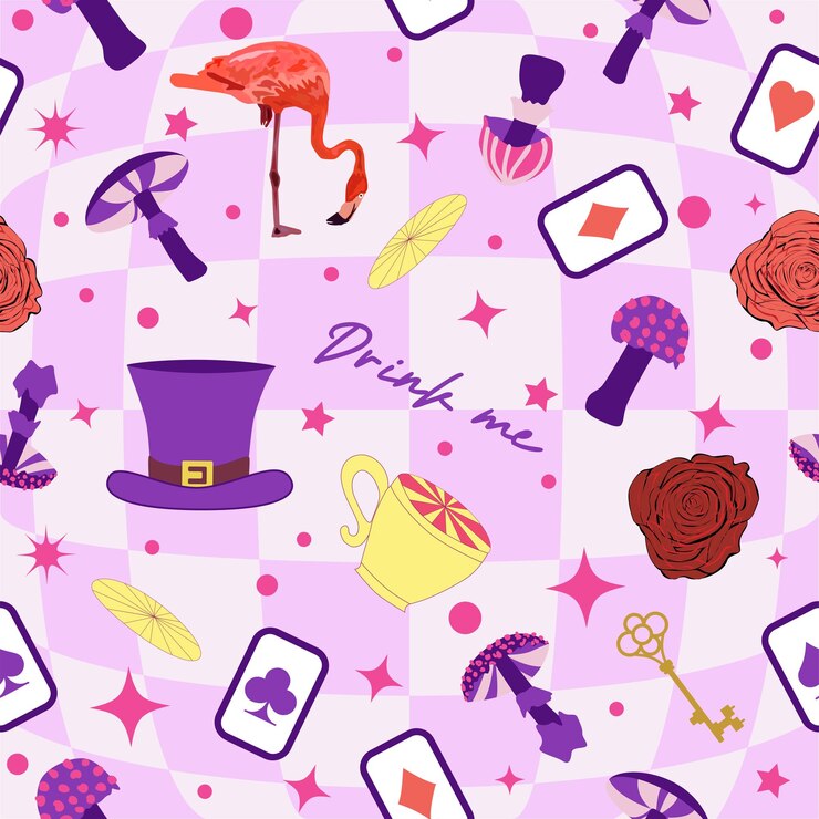 Vettore wonderland motivi elementi rose coniglio cheshire gatto flamingo carte cappello tazza e funghi e orologio