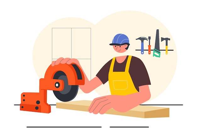 Workshop di falegnameria Illustrazione vettoriale con lavorazione del legno DIY tavole di legno fabbricazione di mobili e un artigiano che lavora con il legno sullo sfondo
