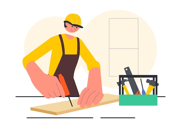 Workshop di falegnameria Illustrazione vettoriale con lavorazione del legno DIY tavole di legno fabbricazione di mobili e un artigiano che lavora con il legno sullo sfondo
