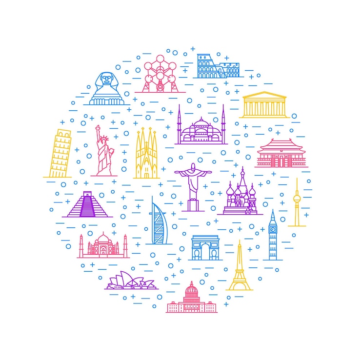 Vettore world landmarks signs thin line round design template include of monument tower statue building e temple illustrazione vettoriale delle icone