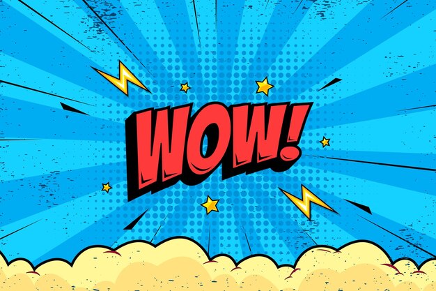 wow sfondo comico con nuvole e stelle disegno in stile vintage su blu