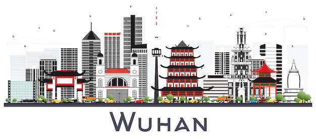 Wuhan Cina skyline della città con edifici grigi isolati su bianco. Illustrazione di vettore. Viaggi d'affari e concetto di turismo con architettura moderna. Wuhan paesaggio urbano con punti di riferimento.