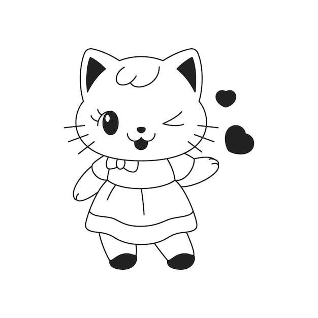 Y2K divertente Kawaii ragazza carina gatto occhiolino con cuore amore contorno icona nera illustrazione piana vettoriale