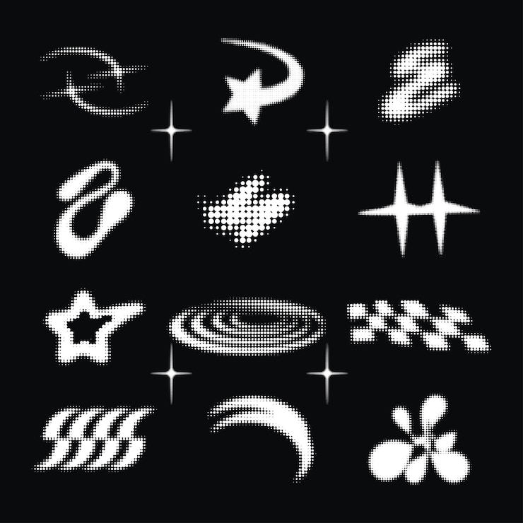 Vettore y2k doted halftone icons collezione di forme pixelate astratte set di simboli vettoriali retro