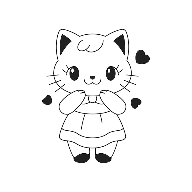 Y2k Kawaii glamour baby girl gattino gatto con contorno di cuore icona nera illustrazione piatta vettoriale