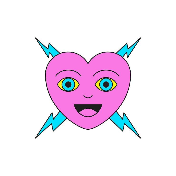 Vettore y2k sorridente cuore rosa con fulmine personaggio di cartone animato comico stile groovy icona vettoriale illustrazione piatta simbolo divertente di amore con temporale psichedelico adesivo alla moda per la stampa di magliette